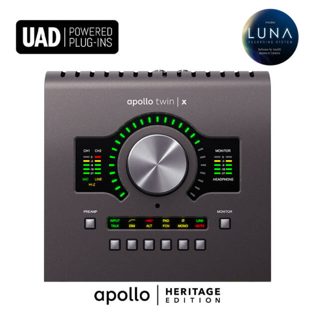 Universal Audio Apollo Twin X DUO Heritage Edition es una interfaz de audio Thunderbolt 3 de sobremesa, con 10 entradas y 6 salidas, 2 preamplificadores de micrófono Unison, procesamiento UAD DUO, paquete extra de plug-ins UAD y sistema de grabación LUNA.