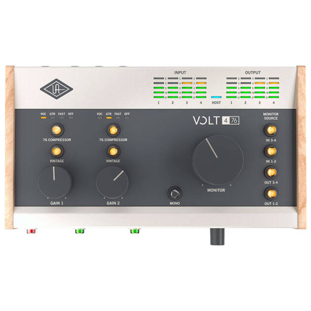 Universal Audio Volt 476 es una interfaz de audio USB de sobremesa diseñada para cantantes, compositores, guitarristas, livestreamers y podcasters. Esta interfaz de grabación USB portátil de 4 entradas y 4 salidas es compatible con sistemas Mac, PC, iPad y iPhone