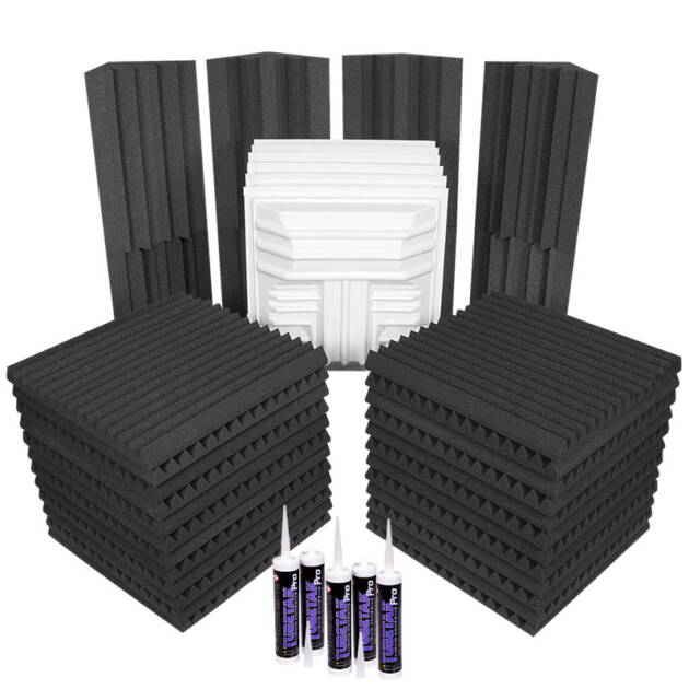 Auralex Deluxe Plus Roominator Kit, pack de espumas acústicas. 24 paneles absorbentes, 8 trampas de graves y 6 difusores. Controla la reverb y el eco.