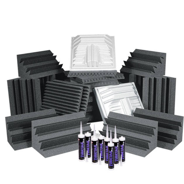 Auralex Pro Plus Roominator Kit Charcoal es uno de los packs de tratamiento acústico más populares. Este set de espumas acústicas incluye 36 paneles absorbentes, 12 trampas de graves, 8 difusores y 8 botes de adhesivo