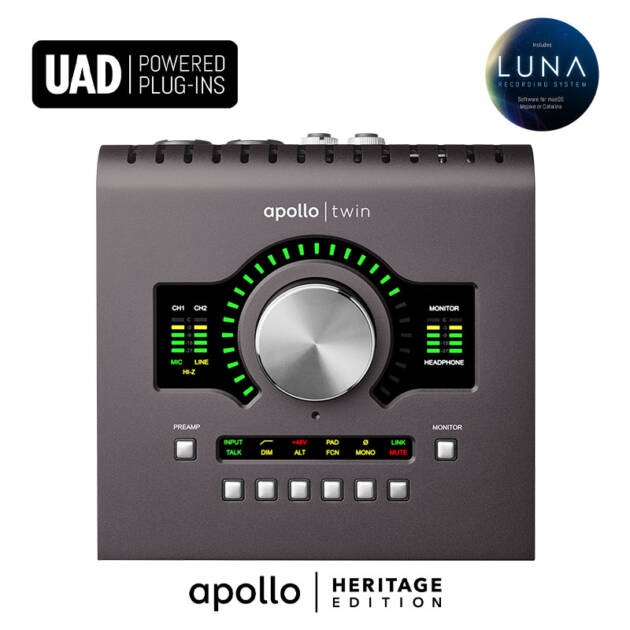 Universal Audio Apollo Twin MkII Heritage Edition es una interfaz de audio Thunderbolt 2 de escritorio, con 10 entradas y 6 salidas, 2 preamplificadores de micrófono Unison, conversión de 24 bits/192 kHz, sistema de grabación LUNA y procesamiento UAD DUO Core