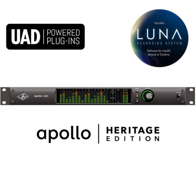 Universal Audio Apollo x16 Heritage Edition es una interfaz de audio Thunderbolt 3 de 18 x 20 que ofrece una alta calidad de conversión de audio, procesamiento de plug-ins UAD HEXA Core, monitorización de sonido surround e integración con el sistema de grabación LUNA.