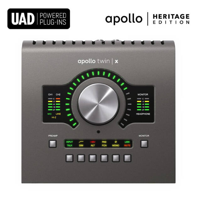 Universal Audio Apollo Twin X USB DUO Heritage Edition es una interfaz de audio de sobremesa de 10 x 6 USB 3, con procesamiento UAD DUO Core para sistemas Windows.