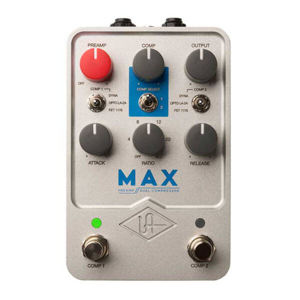 Universal Audio UAFX Max Preamp & Dual Compressor es un pedal de compresión dual estéreo con 3 modelos de compresor, preamplificador y ecualizador de válvulas UA 610