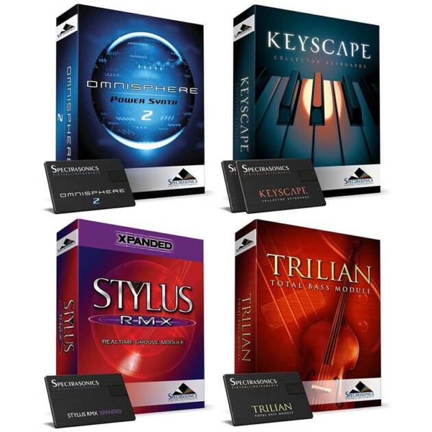 Spectrasonics Bundle incluye Omnisphere 2, Keyscape, Trilian y Stylus RMX Xpanded agrupados en paquete de plug-ins con un precio más económico. En stock.