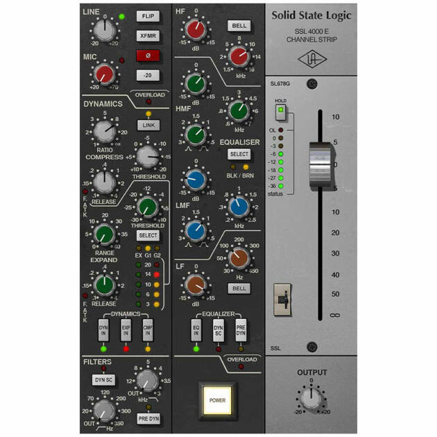 Universal Audio SSL 4000 E Channel Strip Plug-in. Plug-in de emulación de Channel Strip con 2 tipos de ecualizador, compresor VCA y cadena lateral