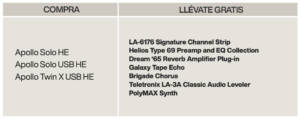 Por tiempo limitado, solo hasta el 31 de diciembre, compra una interfaz Apollo Solo HE, Apollo Solo USB HE o Apollo Twin X USB HE válida para esta promoción y llévate gratis un paquete de plug-ins UAD