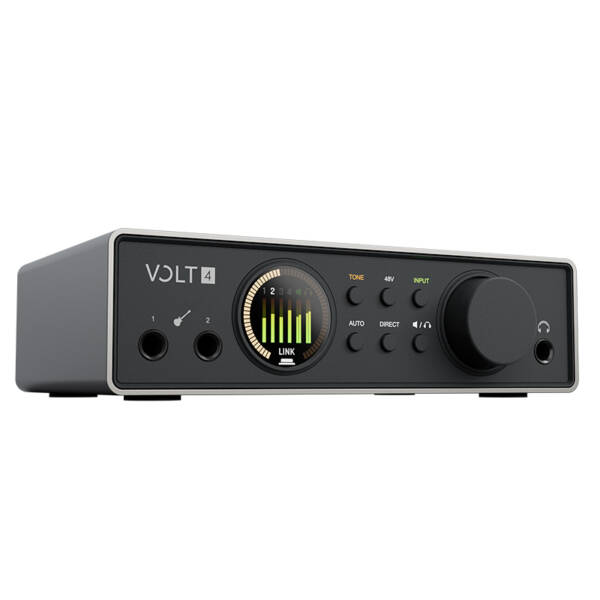 Universal Audio Volt 4 Gen 2 es una interfaz de audio USB de 12 entradas y 6 salidas, con conversión de 32 bits/192 kHz, dos previos Tone Shaping, entradas Hi-Z y expansión óptica ADAT o S/PDIF.