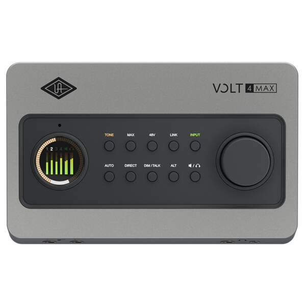 Universal Audio Volt 4 Max es una interfaz de audio USB de sobremesa con 12 entradas y 6 salidas, conversión de 32 bits y hasta 192 kHz. Incorpora dos previos Tone Shaping, compresión Max, entradas de línea adicionales y expansión digital mediante ADAT o S/PDIF.